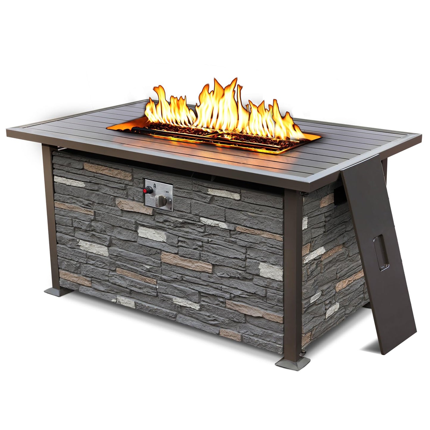 NOBLEMOOD 48 INCH Propane Fire Pit Outdoor Fire Table w/Faux Ledgestone Base, 50,000 BTU Gas Fire Pit Table w/Aluminum Table Top, Waterproof Cover for Outdoor, Patio, Garden, CSA Certification