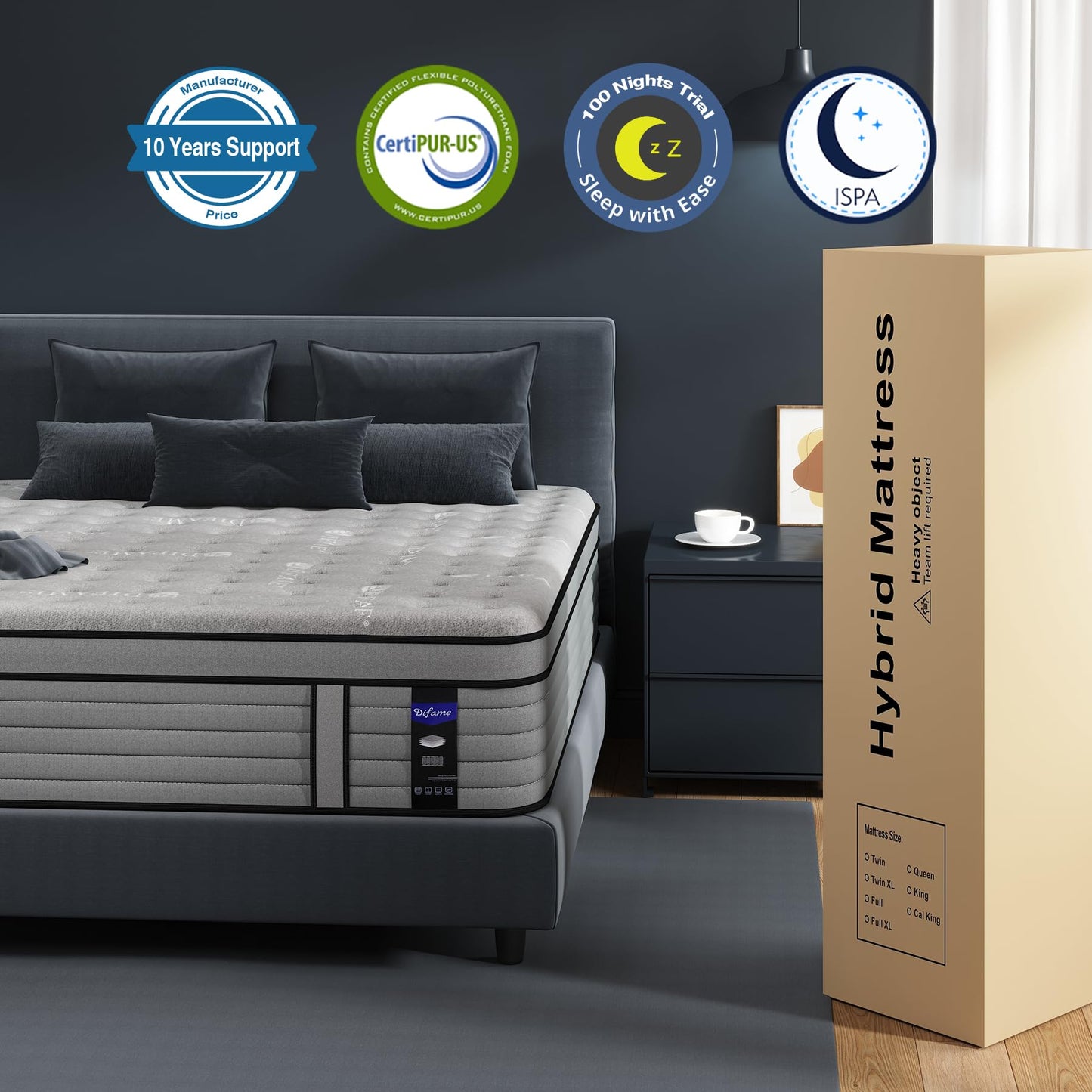 DIFAME California King Size Mattress, 12 Inch Hybrid Mattress with Memory Foam, Cal King Mattress in a Box, Individually Pocket Coils Spring for Motion Isolation, Edge Support, Medium Firm