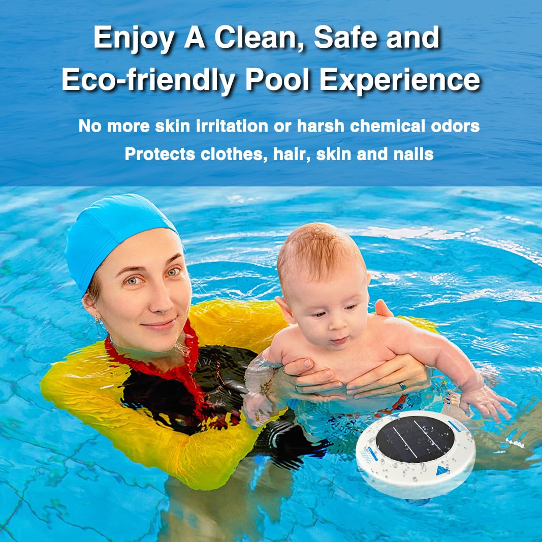 Solar-Powered Pool Ionizer, Automatic Floating Pool Cleaner Water Purifier with Thicker Copper Anode for Swimming Pool Up to 45,000 Gal, 85% Less Chlorine, Crystal-Clear Water Guaranteed!