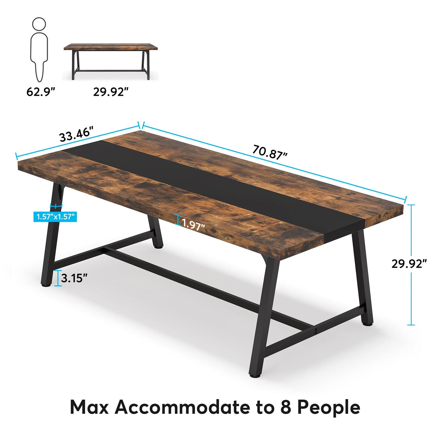 Tribesigns Dining Table for 8 People, 70.87-inch Rectangular Wood Kitchen Table with Strong Metal Frame, Industrial Large Long Dining Room Table for Big Family (Rustic Brown)