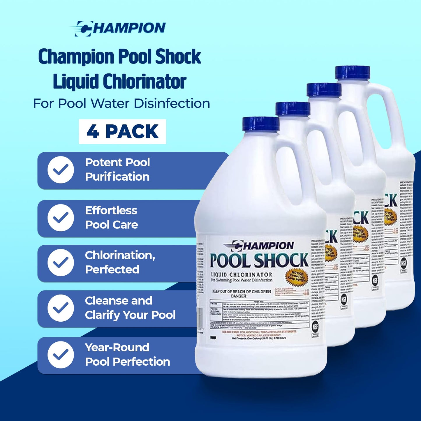 CPDI Champion 4 Pack Pool Shock 12.5 Liquid Chlorine, Fast Sanitizer, 1 Gallon