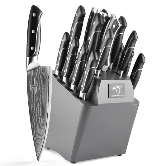 18 Pieces Damascus Kitchen Knife Set, 8 Piece Steak Knives, Non-slip ABS Ergonomic Triple Rivet Handle for Meat Fork, Knife Sharpener and Shears, 17 Slots Fraxinus Manchuria Knife Block (Grey)