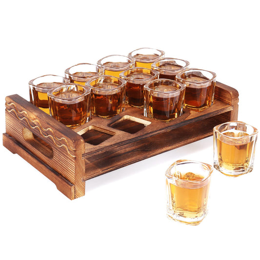 Vivimee Shot Glass Holder Set with 12 Clear 2.3 oz Square Crystal Shot Glasses & Rustic Burnt Wood Serving Tray for Whiskey, Tequila, Liqueurs, Party & Collection