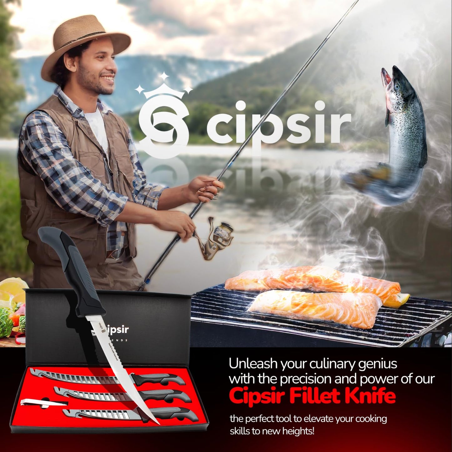 Cipsir Fillet Knife For Fish and Meat - Curved Salty Water-Resistant Made of German Steel 7 inch Blade with Sheath, Sharpener and Gift Box, Ideal for Filleting and Deboning Indoor or Outdoor