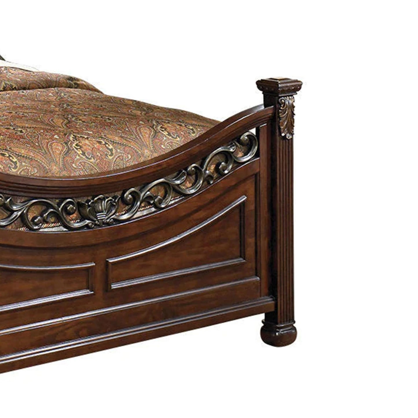 Benjara Aza Traditional Wood California King Bed, Leaf Carvings, Rich Cherry Brown