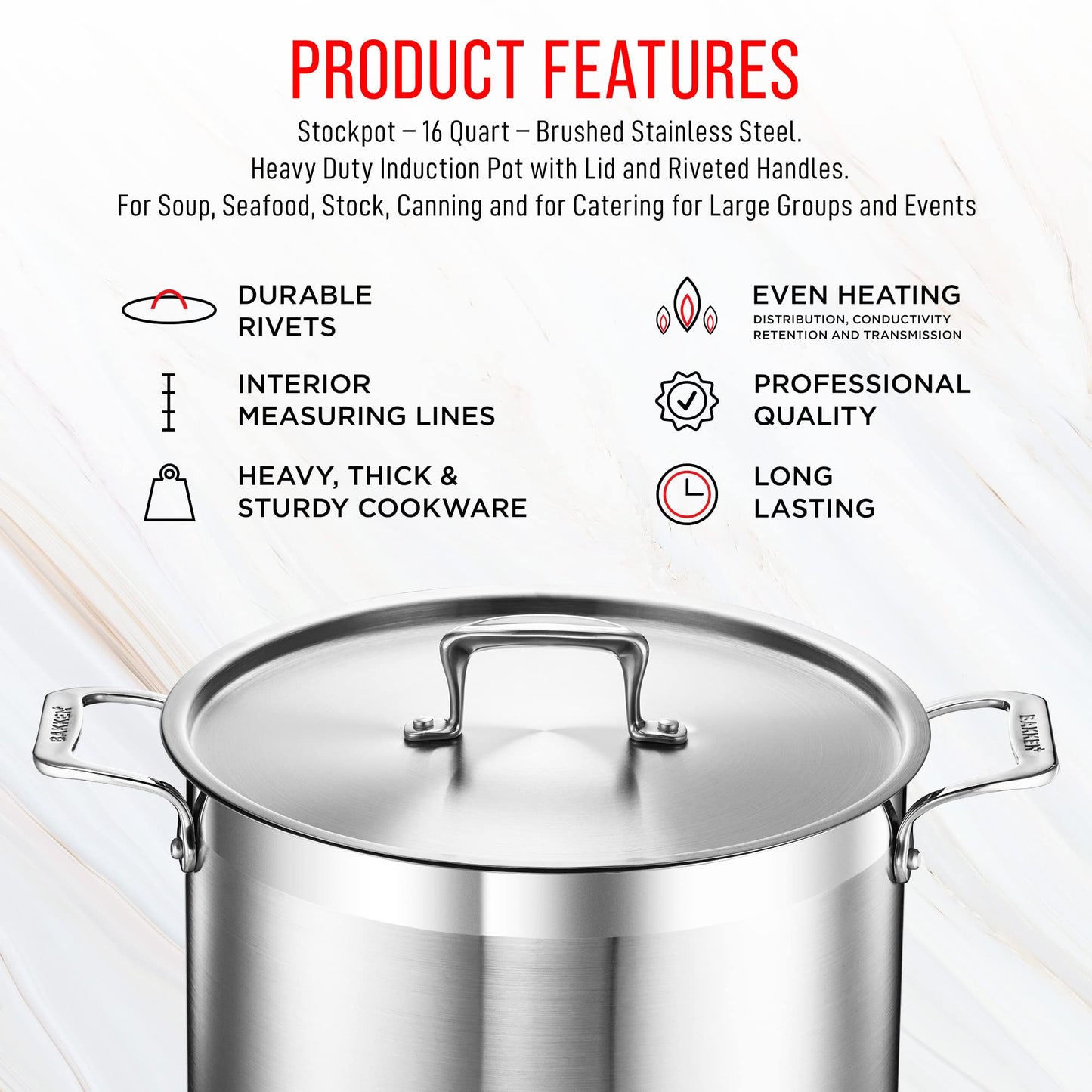 Stockpot – 16 Quart – Brushed Stainless Steel – Heavy Duty Induction Pot with Lid and Riveted Handles – For Soup, Seafood, Stock, Canning and for Catering for Large Groups and Events by BAKKEN