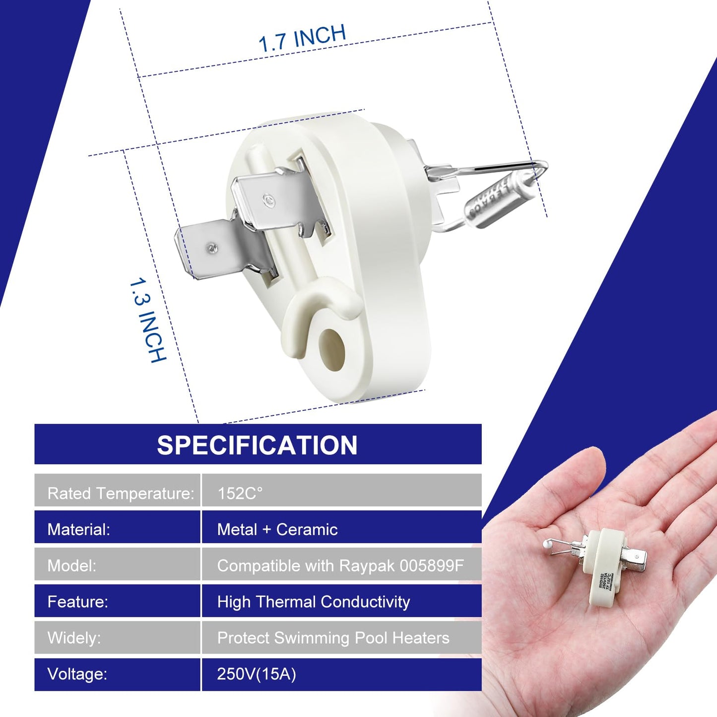 Dreyoo 1 Pack Thermal Cut Off Fuse 152°C, Compatible with Raypak 005899F Zodiac R0012200 Pool Heater Rollout Switch Replacement Kit Swimming Pool Heater Parts Plug Fuse Thermal Fuse Link Accessories