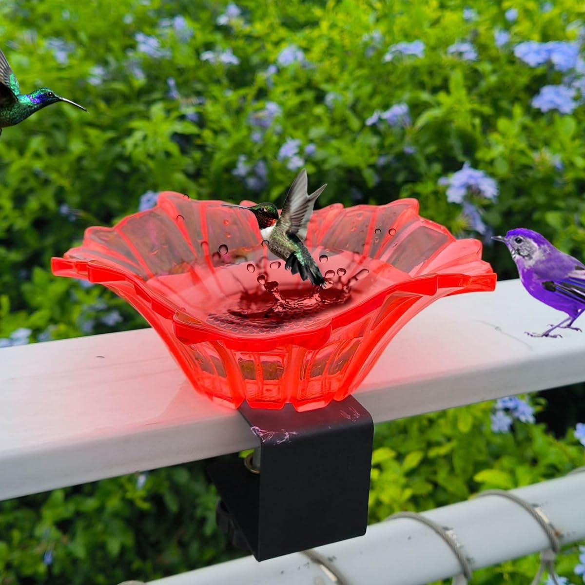 Metal Deck Mounted Bowl Bird Bath for Railing Patio Large Balcony Clearance Modern Bird Water with Stake Clam for Outdoors Garden (Red)