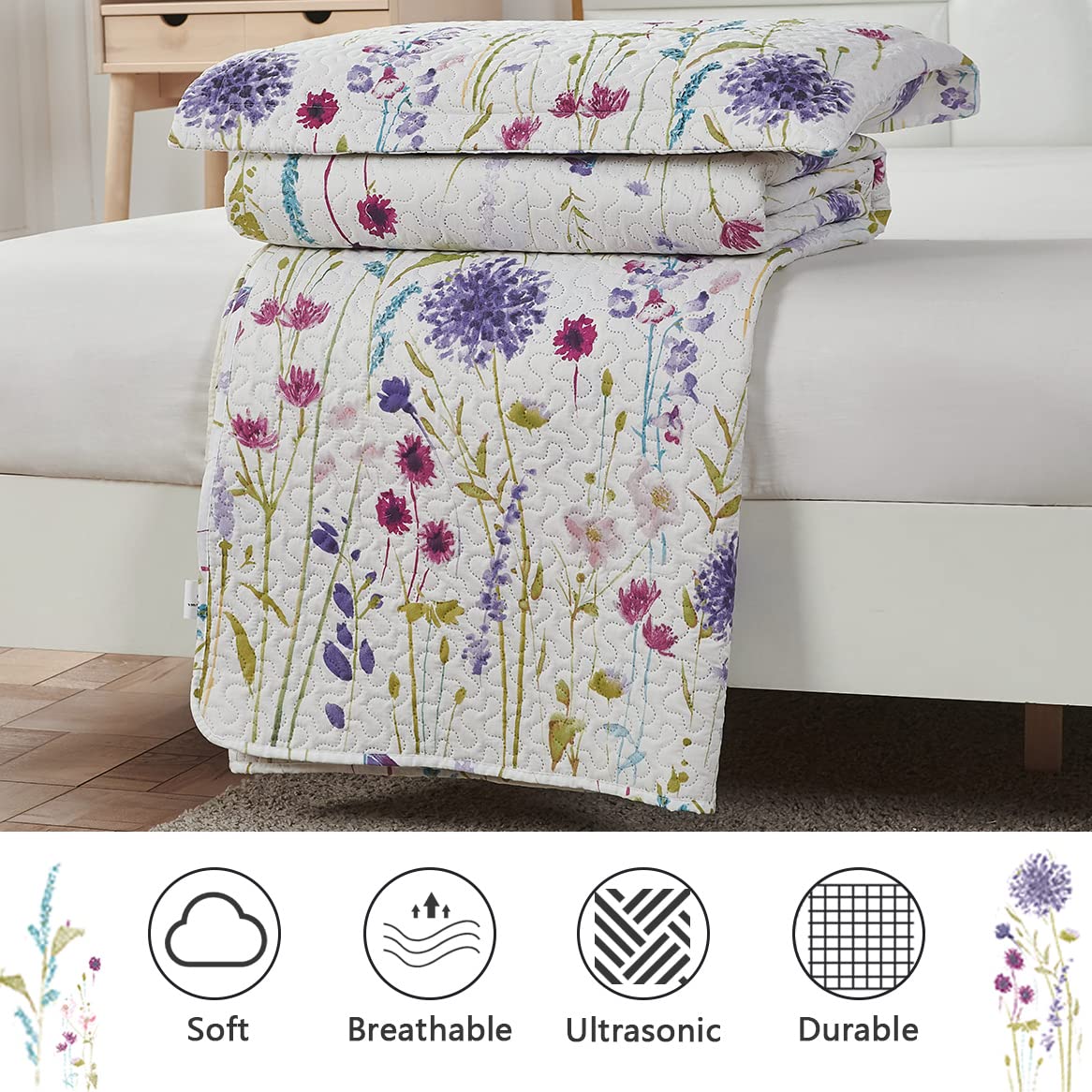 Purple Blue Green Floral Quilts Dandelion Bedspread Full/Queen Size Lightweight Summer Flower Bedding Garden Botanical Coverlet Soft Rustic Blanket Cabin Home Decor