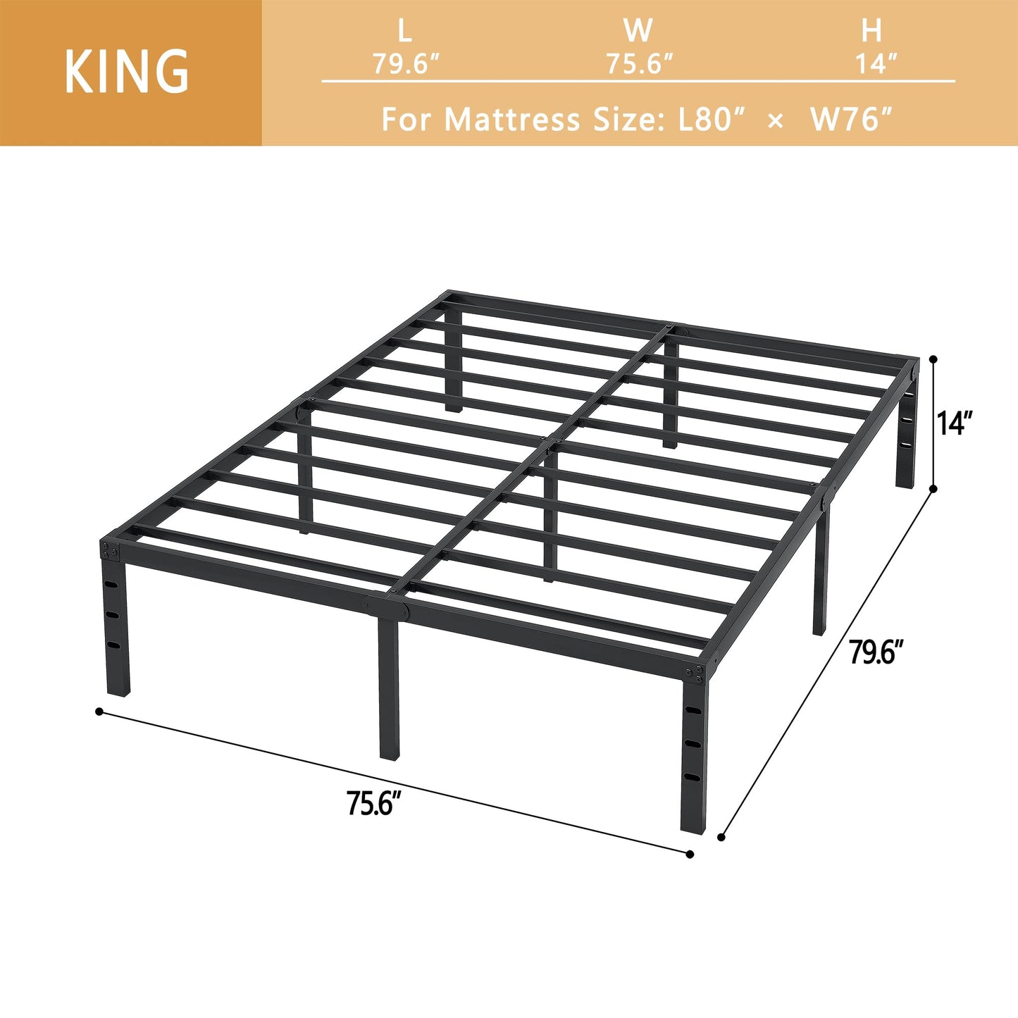 NEW JETO Metal Bed Frame-Simple and Atmospheric Metal Platform Bed Frame, Storage Space Under The Bed Heavy Duty Frame Bed, Sturdy King Size Bed Frame, Suitable for Bedroom, King