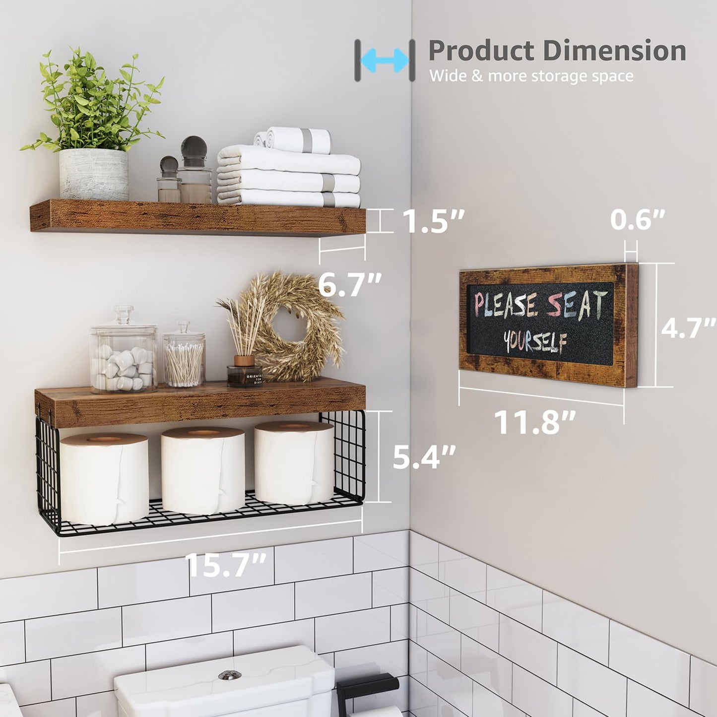 QEEIG Bathroom Shelves Over Toilet Paper Storage Wall Mounted Farmhouse Decor Decorations Chalkboard Small Floating Wall Shelf 2+1 Set 16 inch, Rustic Brown (021BN)