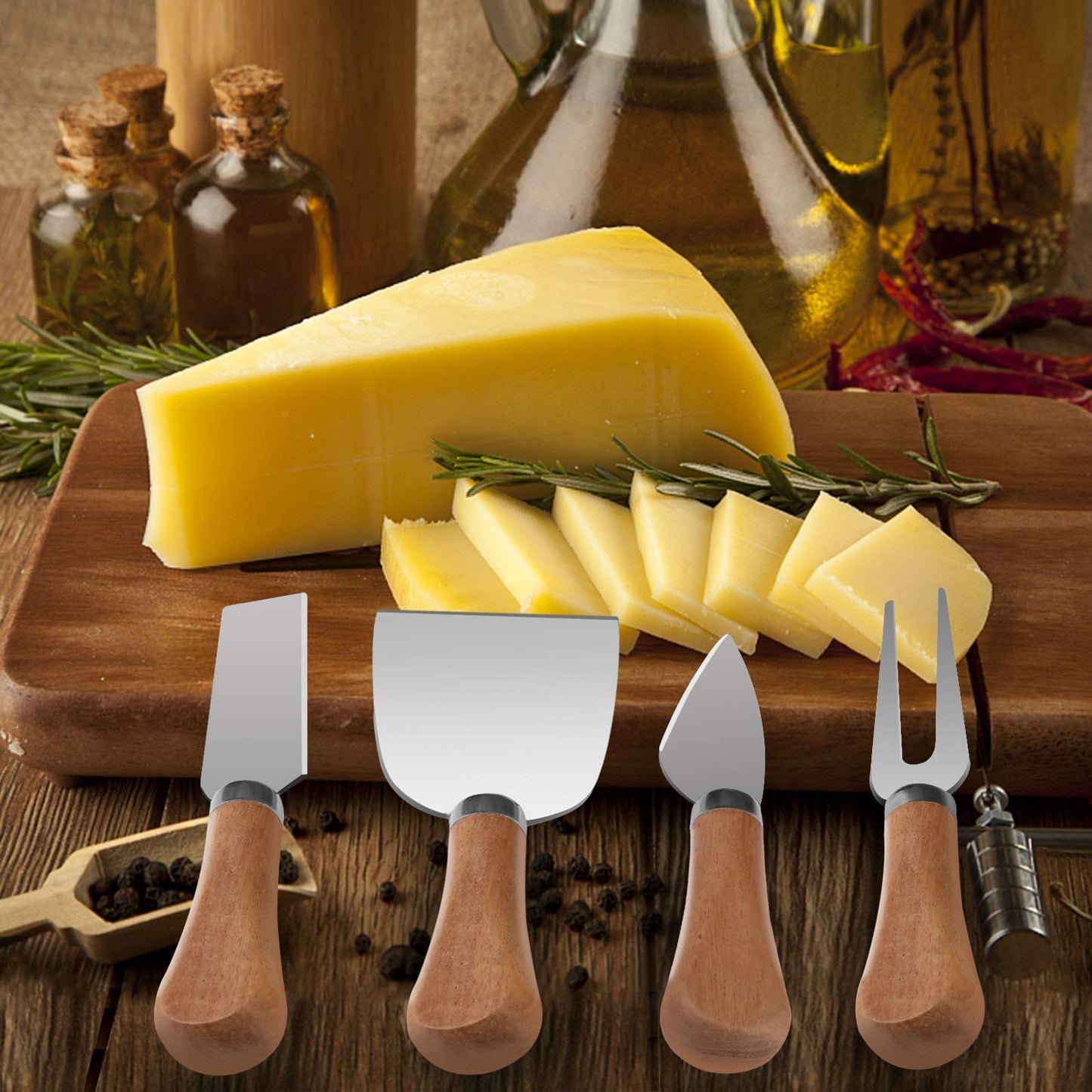 4 Piece Cheese Knives Set with Wooden Handle, Mini Steel Stainless Cheese knife set for Charcuterie and Cheese spread, Perfect for Cheese Slicer and Butter Cutter