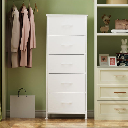 YILQQPER Dresser for Bedroom with 5 Drawers, Tall Storage Tower Dresser for Closet&Nursery, Fabric Dresser with Leather Finish&Wood Top, White