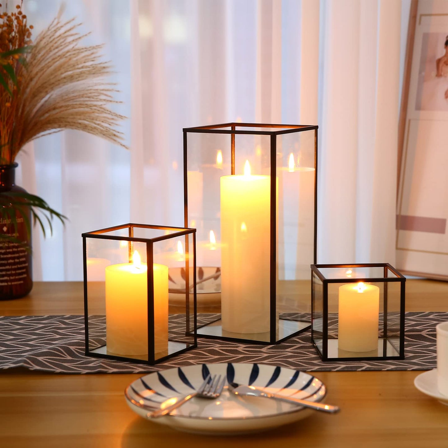 yshengood Glass Hurricane Candle Holder Set of 3 PCS, Black Frame and Glass Hurricane Candleholders