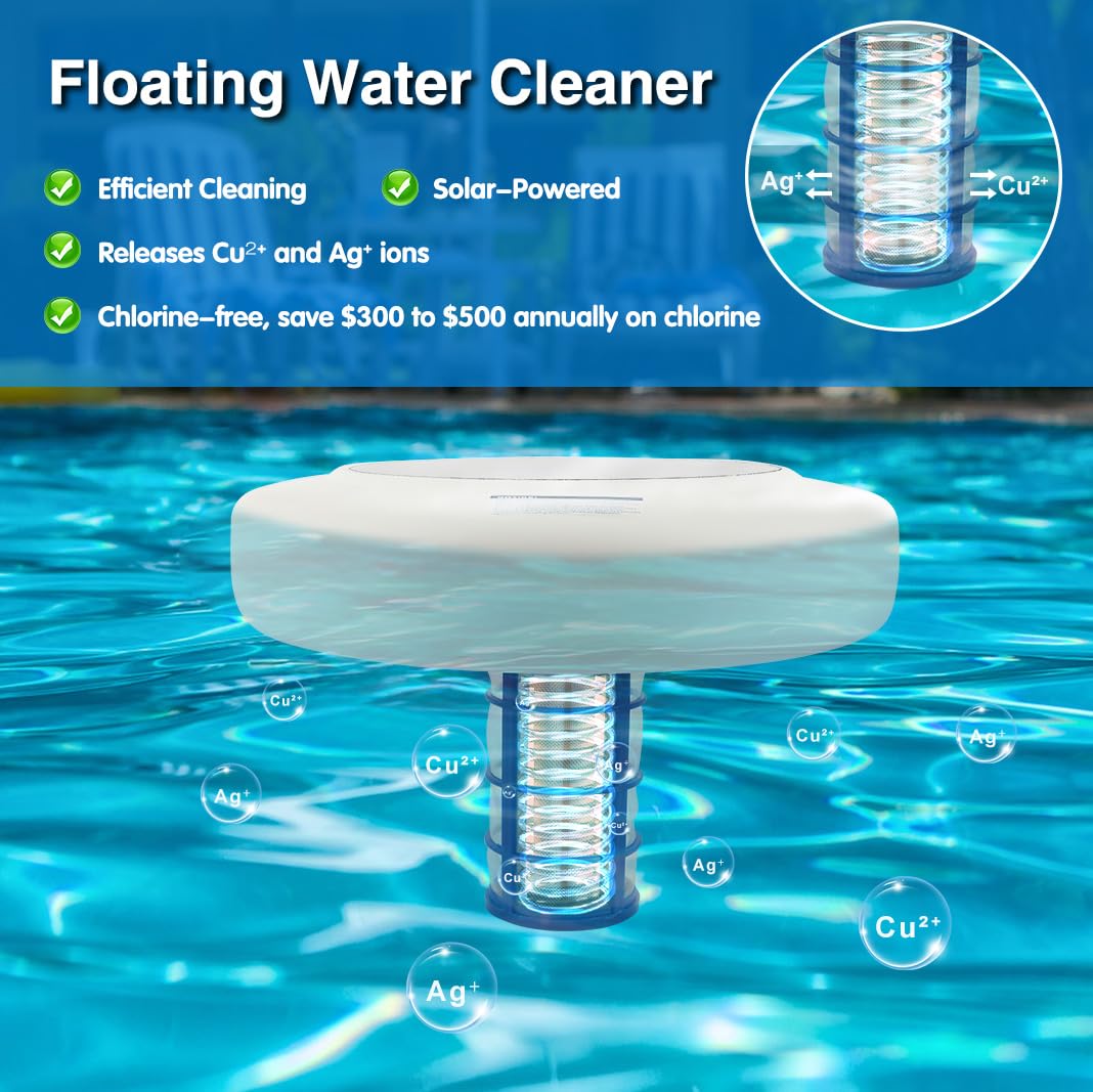 Solar-Powered Pool Ionizer, Automatic Floating Pool Cleaner Water Purifier with Thicker Copper Anode for Swimming Pool Up to 45,000 Gal, 85% Less Chlorine, Crystal-Clear Water Guaranteed!