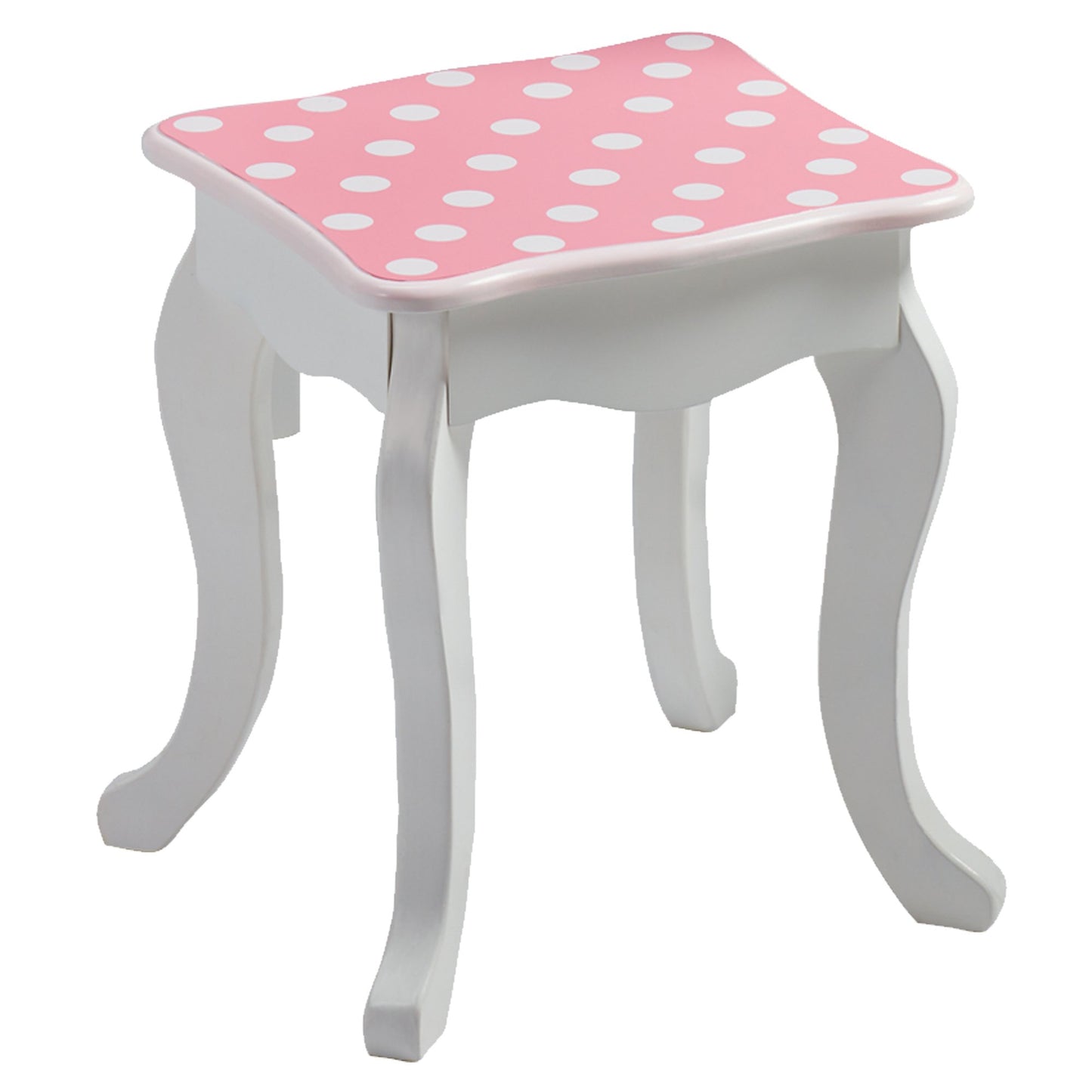 Teamson Kids Princess Gisele Polka Dot Print 2-Piece Kids Wooden Play Vanity Set with Vanity Table, Tri-Fold Mirror, Storage Drawer, and Matching Stool, White with White/Pink Polka Dot Accent