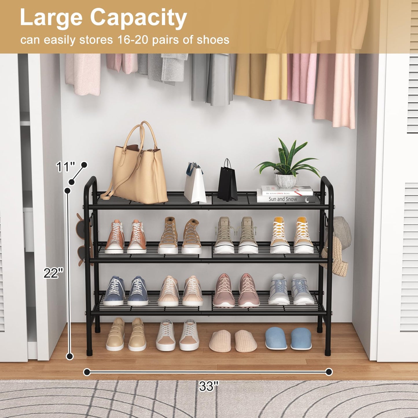 VILICK 3 Tier Shoe Rack 33" Wide Metal Shoe Organizer Long Shoe Storage with 4 Side Hooks Sturdy Shoes Shelf for Front Door Entrance, Closet, Garage, Dorm, Black