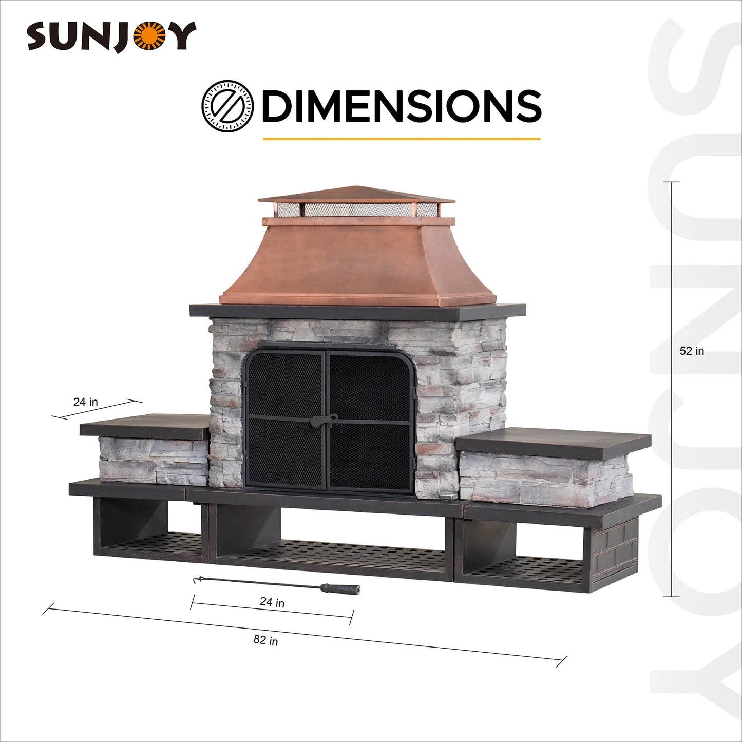 Sunjoy Outdoor Fireplace, Patio Wood Burning Fireplace with Steel Chimney, Mesh Spark Screen Doors, Fire Poker, and Removable Grate, Copper and Black