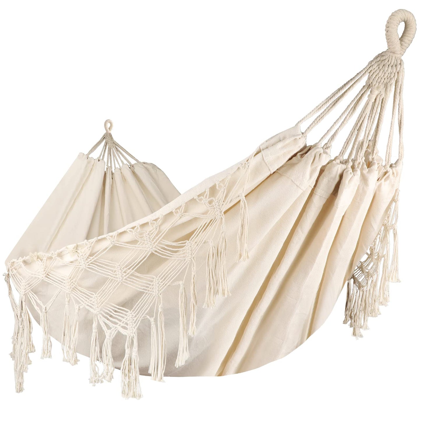 Bellzacasa Double Hammock, Heavy Duty 500 lb Load Capacity Tassels and Fishtail Knitting with Mounting Straps for Outdoor Camping Patio Balcony Beige