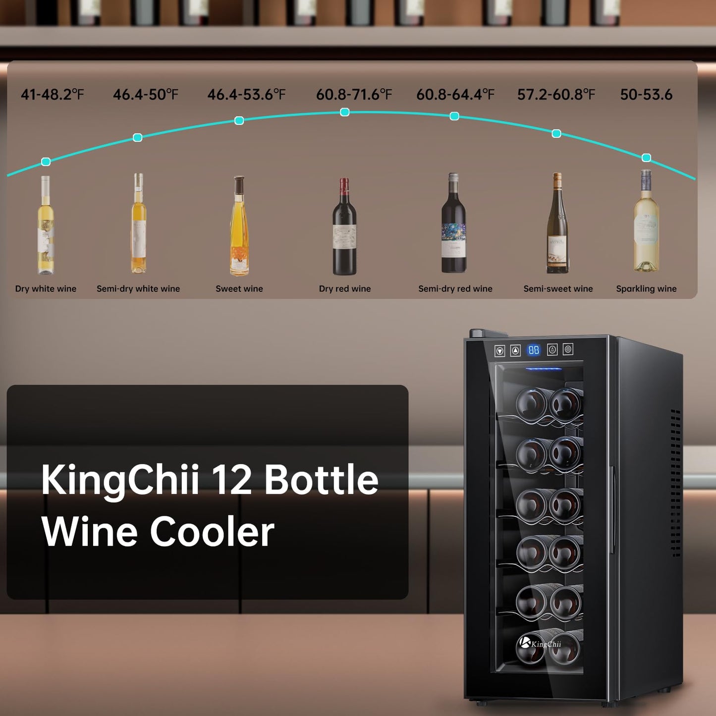 KingChii 12 Bottle Thermoelectric Wine Cooler Refrigerator Advanced Cooling Technology, Stainless Steel & Tempered Glass For Red Wine, Champagne for Home, Kitchen, or Office