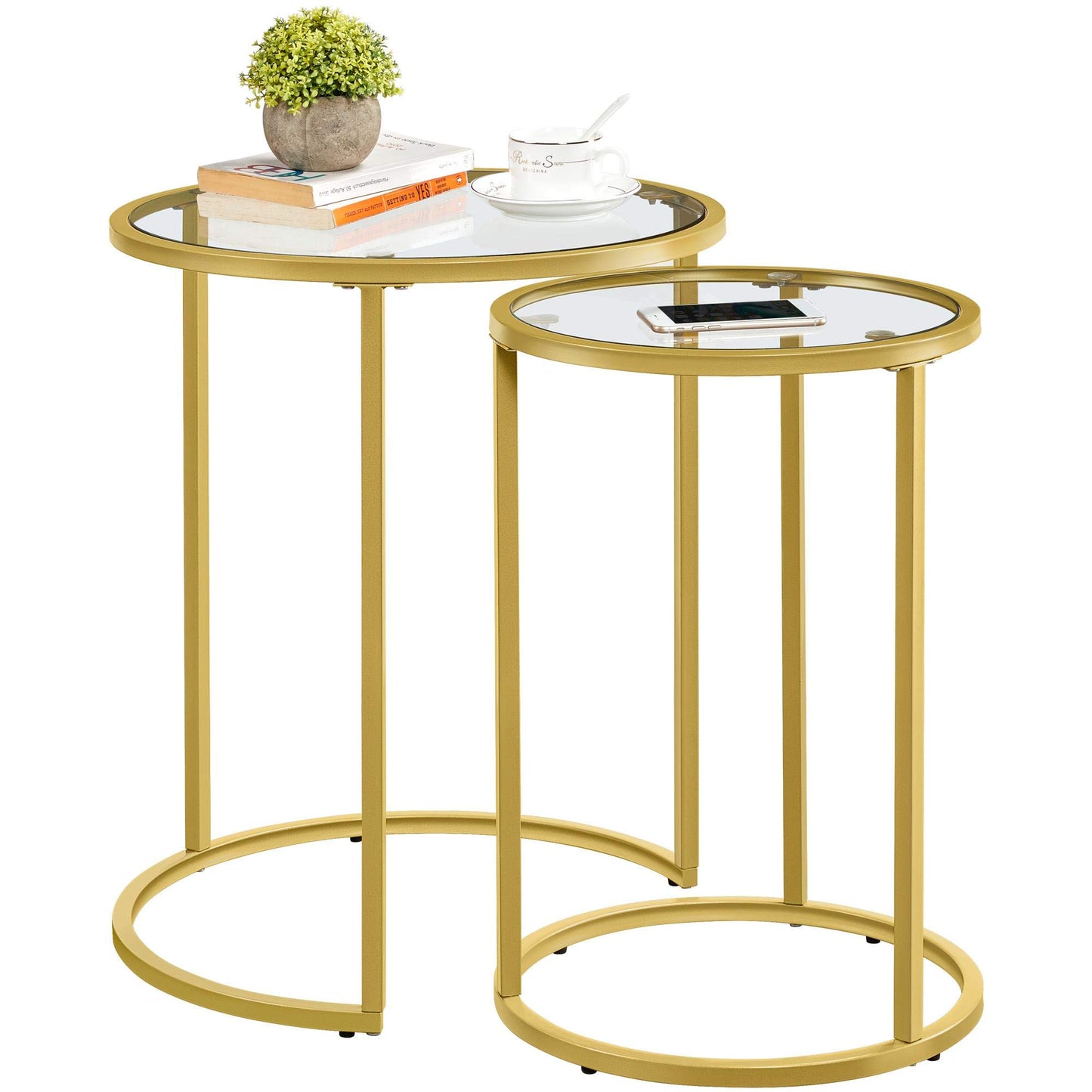Yaheetech Round Nesting Side Table Stacking Coffee Table, Set of 2 Circular End Tables w/Metal Frame & Tempered Glass Top & Protective Foot Pads for Small Space Living Room Office, Mustard Gold