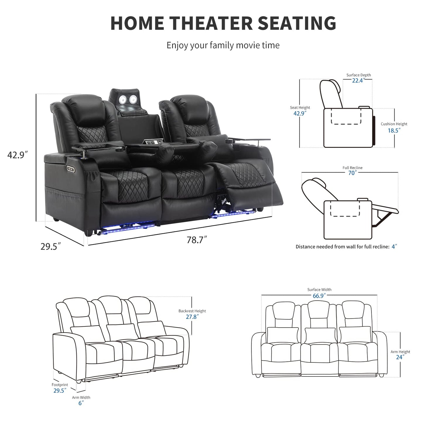 Airadlis Home Theater Seating Seats, Movie Theater Chairs Theater Recliner with 7 Colors Ambient Lighting, Lumbar Pillow, Touch Reading Lights, Tray Table (Black, Row of 3)