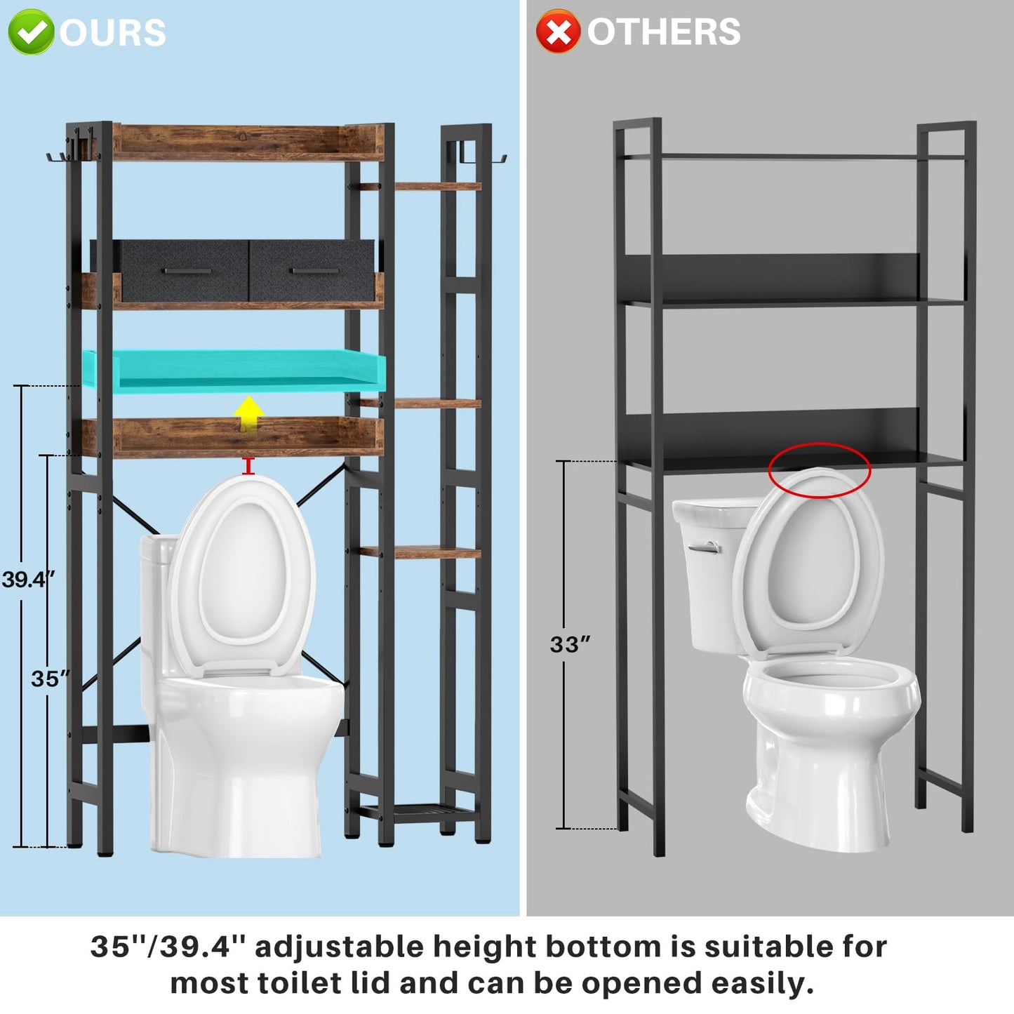 Over The Toilet Storage with 2 Drawers - 7 Tier Bathroom Organizer with Adjustable Shelf, Freestanding Space Saver Storage Rack Above Toilet Stand with 4 Hooks for, Restroom, Laundry, Rustic Brown