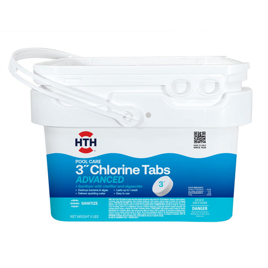 HTH 42052W Pool Care 3" Chlorine Tabs Advanced, Individually Wrapped Tablets - Swimming Pool Sanitizer with Clarifier & Algaecide, Destroys Bacteria & Algae, Delivers Clear Water All Season, 5 lbs