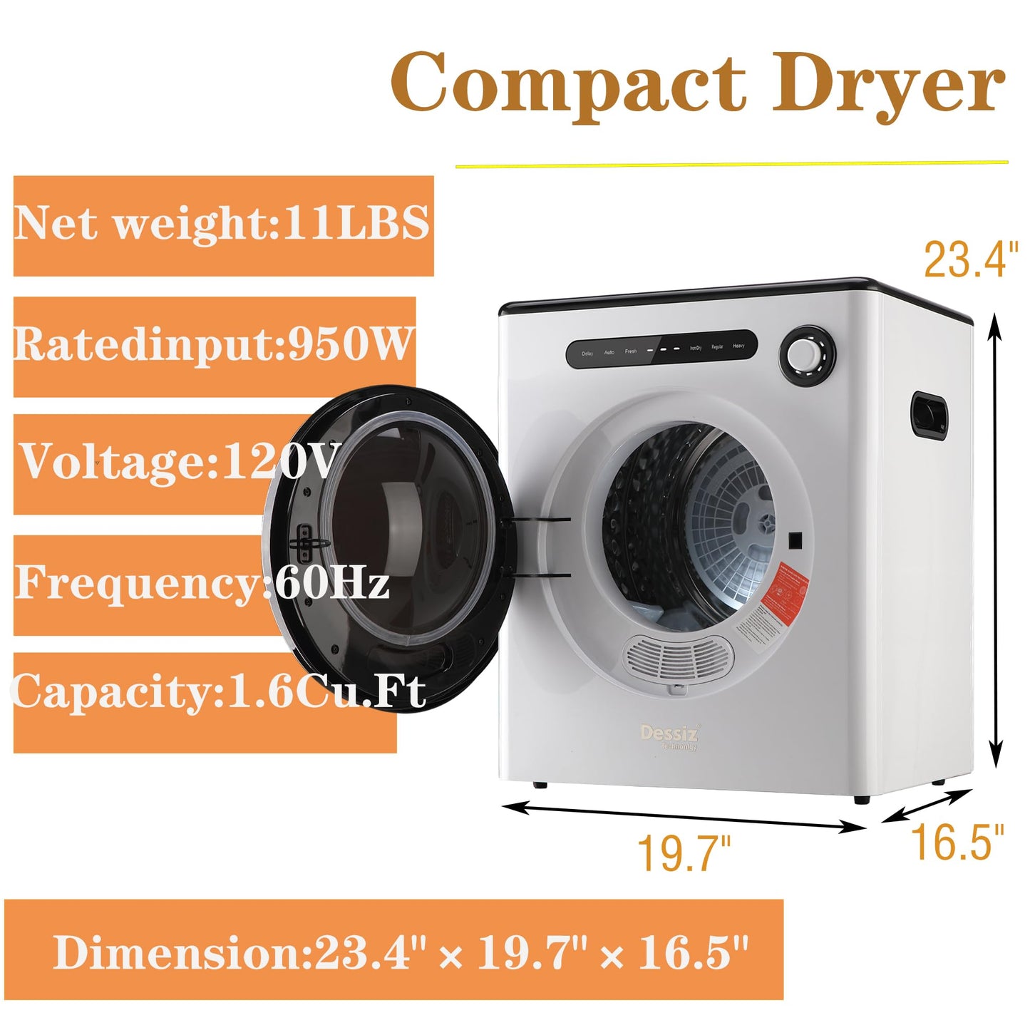 Dessiz 110V Portable Clothes Dryers 950W Compact Dryer 1.6cu.ft Front Load Stainless Steel 11lbs Electric Dryers Machine with Exhaust pipe for Apartment,RVs,Dorms,Auto Stop and Easy Control