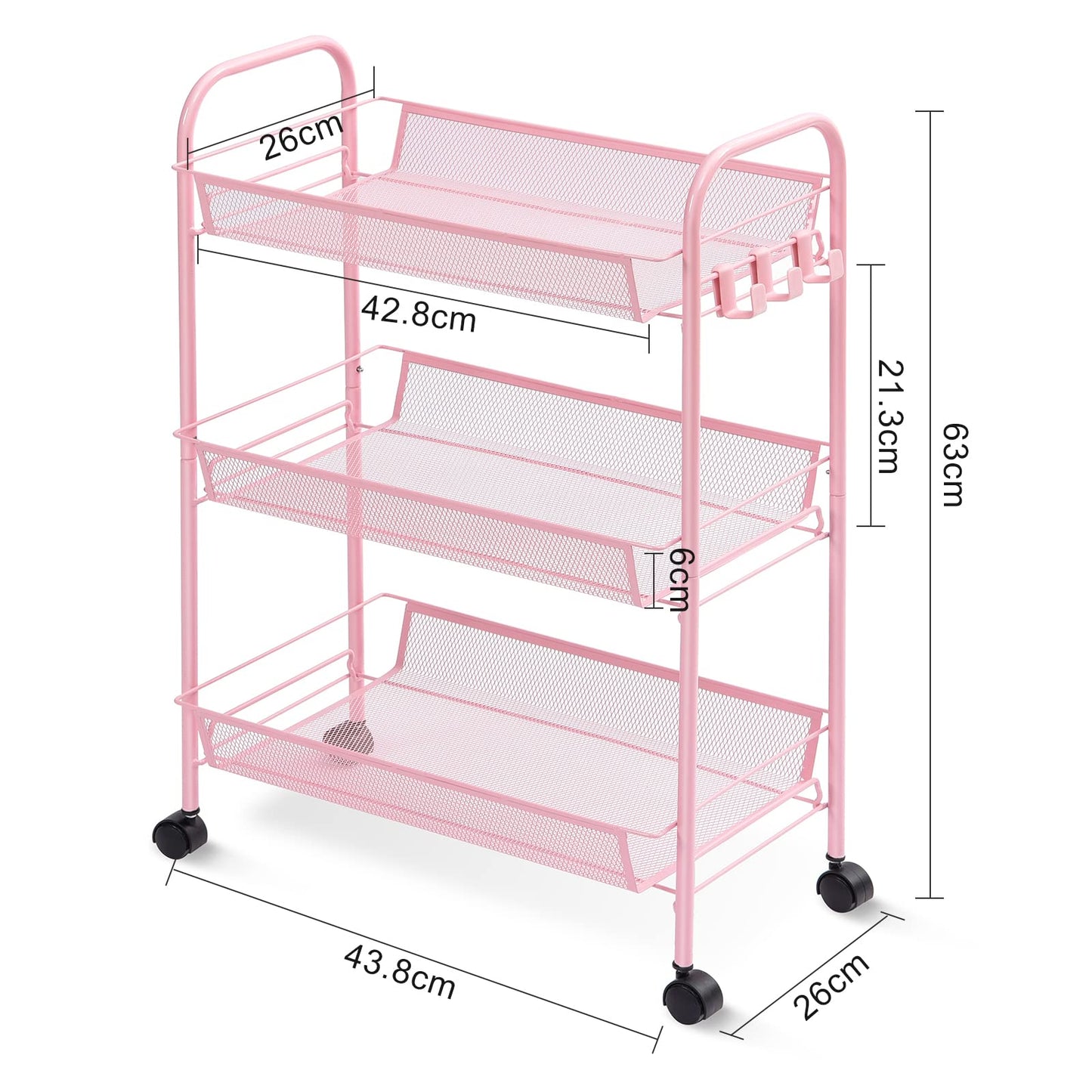 TOOLF 3-Tier Metal Rolling Cart, Mesh Wire Easy Assemble Utility Cart, Storage Trolley on Wheels with 3 Hooks, MetalStorage Shelving Units for Kitchen Bathroom Laundry Room