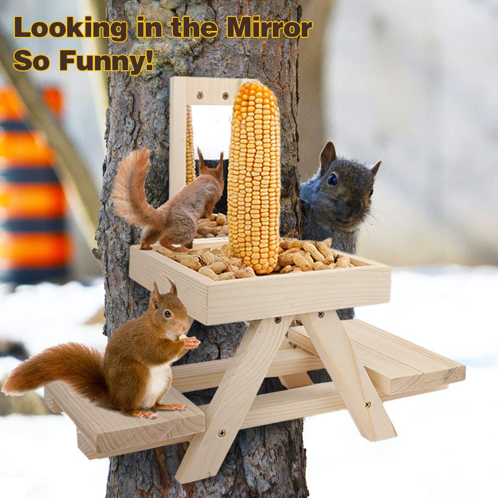 Solution4Patio Expert in Garden Creation Adorable Squirrel Feeder Picnic Table Shaped with Mirror, Corn Cob Holder and Snack Mesh Tray, for Fruit, Nuts, Peanut Butter Treats, Eay to Install