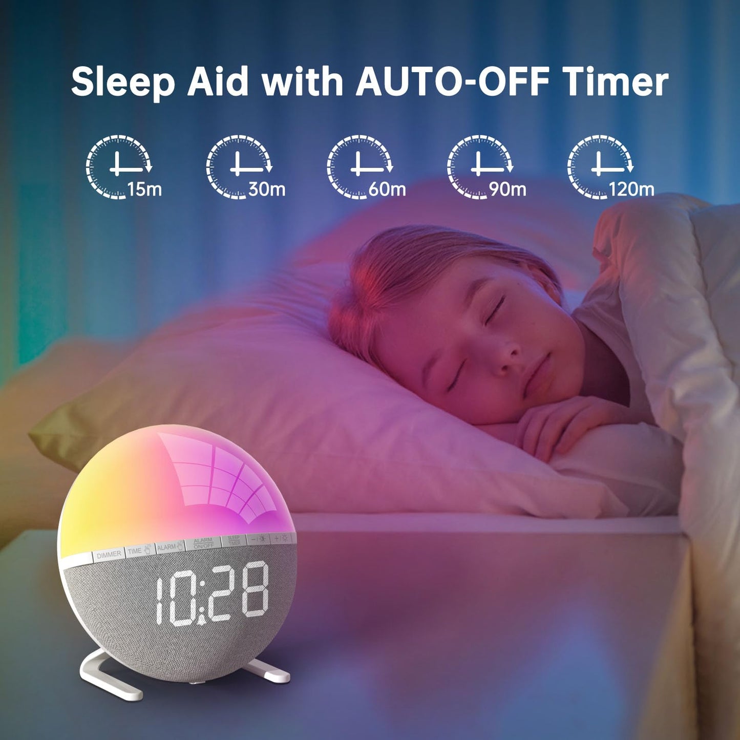 Wake Up Light Sunrise Alarm Clock for Kids, Adults, Heavy Sleepers, Bedroom, Sunlight Alarm Clock with Sunrise Simulation, Snooze, 7 Ringtones, Sleep Aid, 9 Colors Night Light, Ideal for Gift