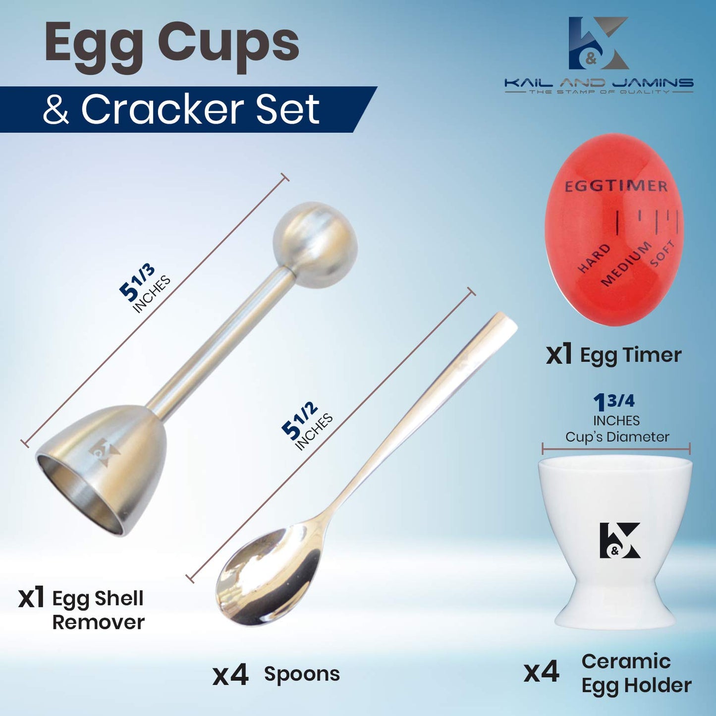 Elegant Egg Cups & Cracker Set | Set of 4 Ceramic Egg Holders + 4 SS Spoons + 1 Egg Topper-Vibration Tool Opener For Hard & Soft Boiled Egg, Multipurpose Mini Dishes- With Bonus! Beautiful Storage Box