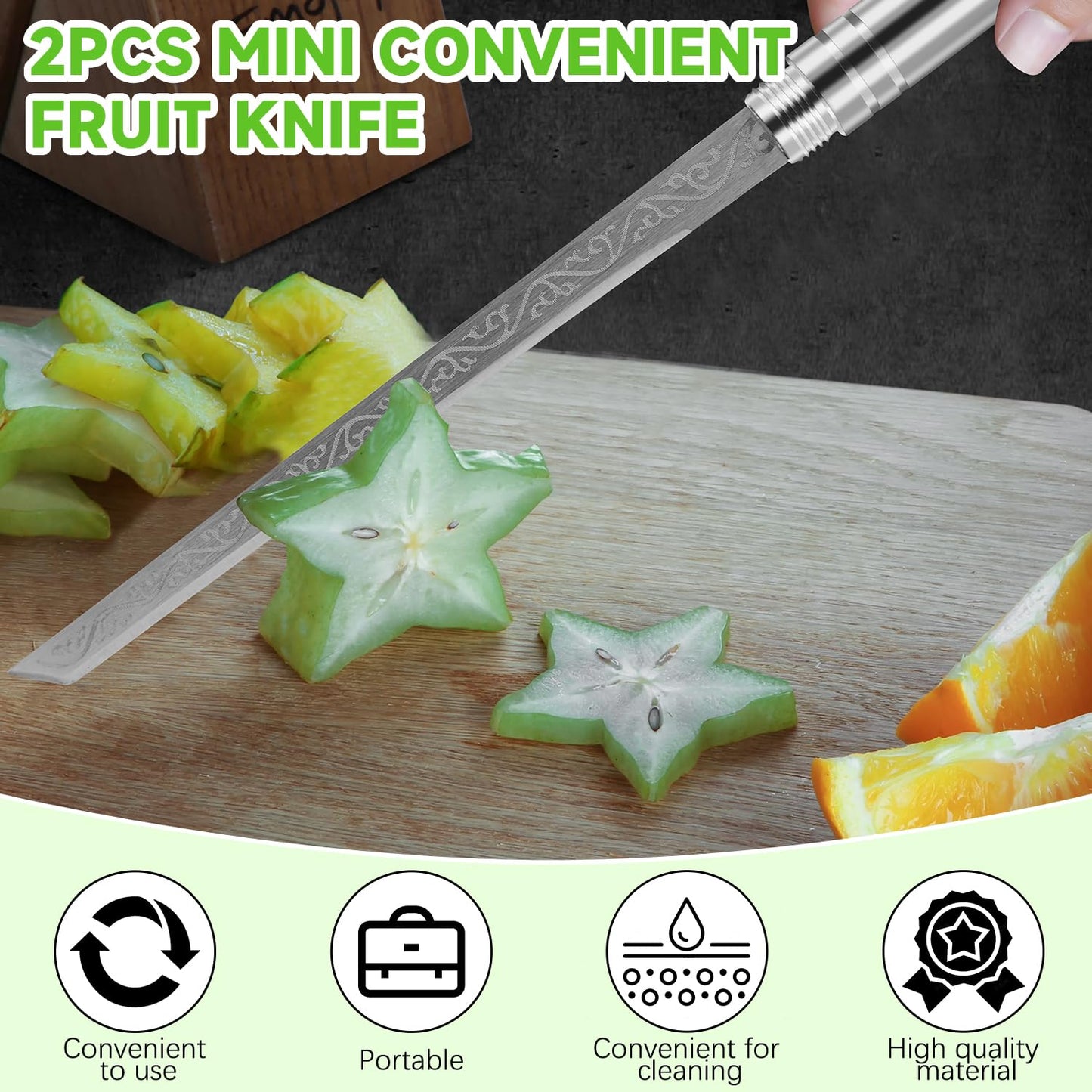 deterlect 2Pcs Multipurpose Outdoor Portable Fruit Knife with Sheath, All Steel Stick Shaped Fruit Knife, Cuchillo Multiusos Para Fruta Portátil Para Exteriores Con Funda