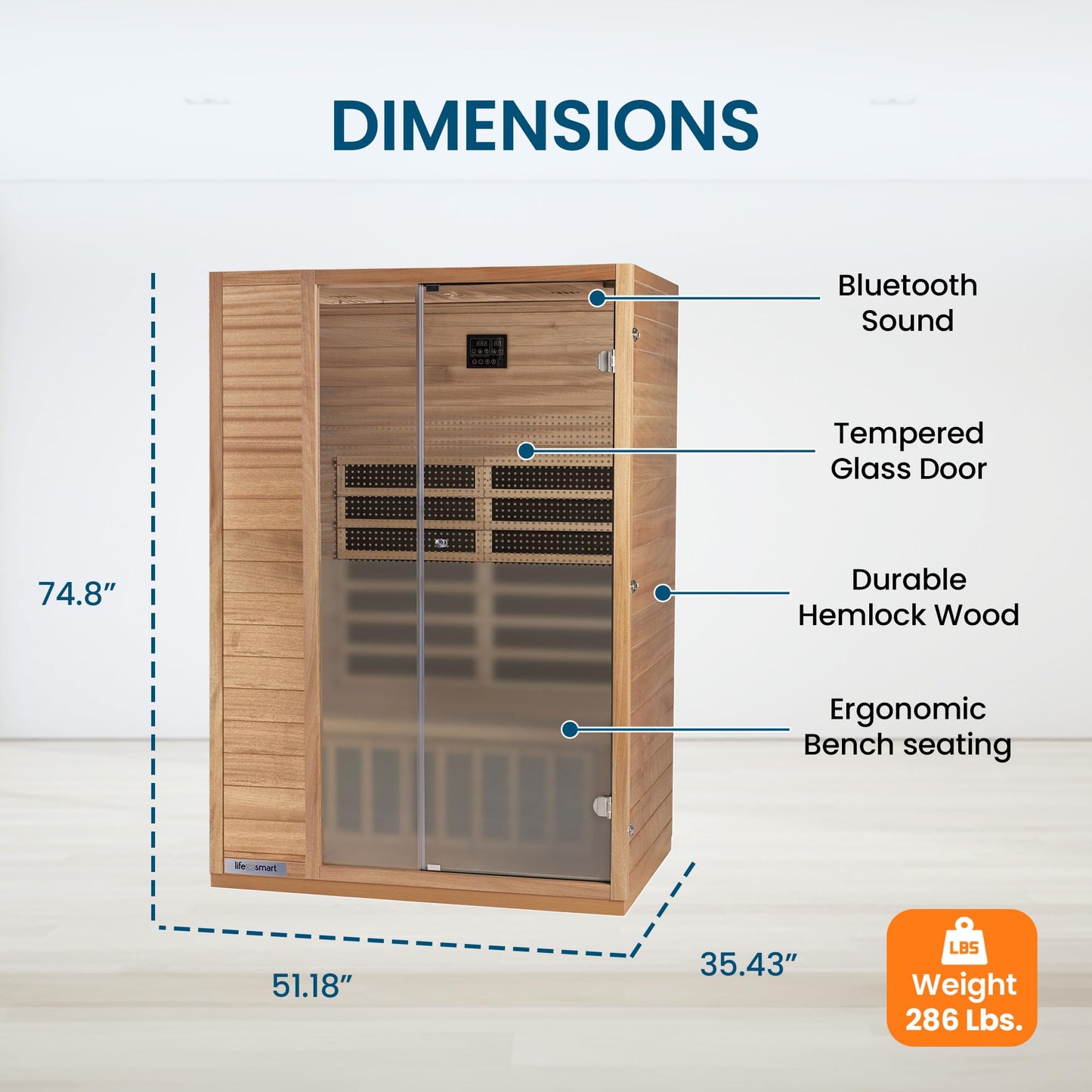 LIFE SMART Sahara 2 Person Infrared Home Sauna with 5 Heaters, Adjustable Temperature and Roof Vent, and Bluetooth, LSS-2, Natural Okoume Hemlock Wood