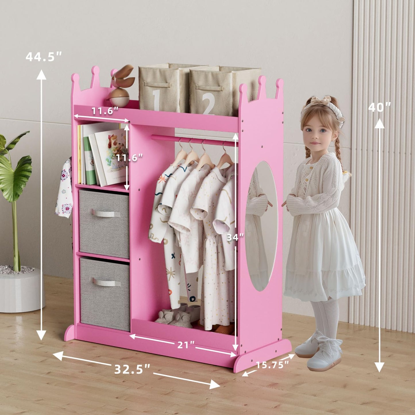 Glaf Kids Dress Up Storage with Mirror, Kids Armoire Wardrobe with 2 Storage Bin and 3 Hooks, Open Hanging Kids Closet for Girls Boys for Dress Up and Costumes (Pink)