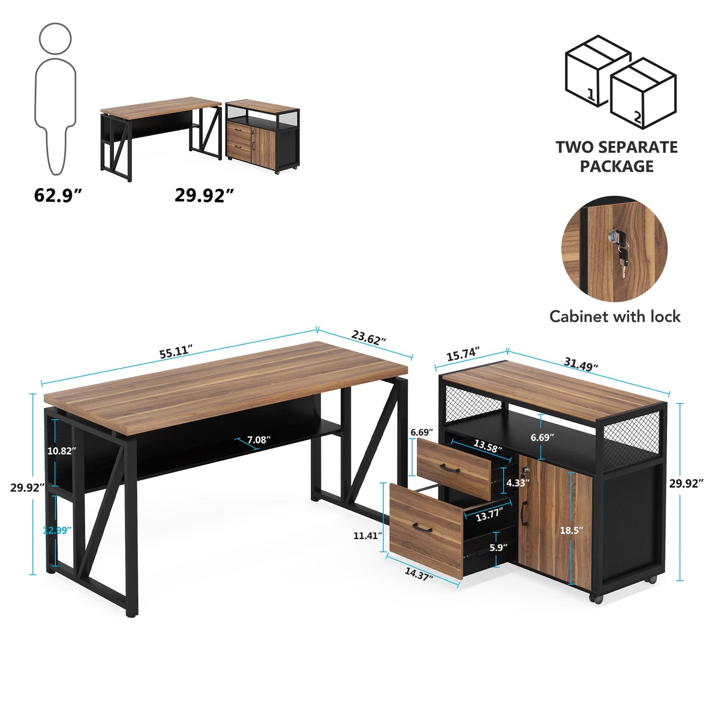 Tribesigns 55-inch L Shaped Desk with Drawer Cabinet, Executive Computer Desk and lateral File Cabinet, 2 Piece Home Office Furniture with Drawers for Hanging File, Doors with Locks (Brown, 55 inches)