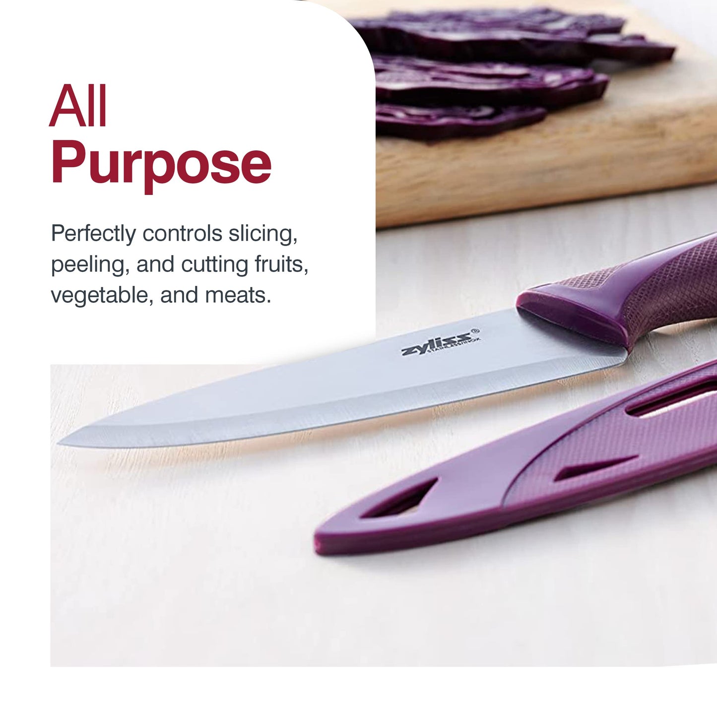 Zyliss Utility Knife with Sheath Cover - Precision Knife for Cutting & Slicing - Paring Knife for Meat, Fruits & Vegetables - Culinary Kitchen Knife - 5.5" Carbon Stainless Steel Blade - Purple