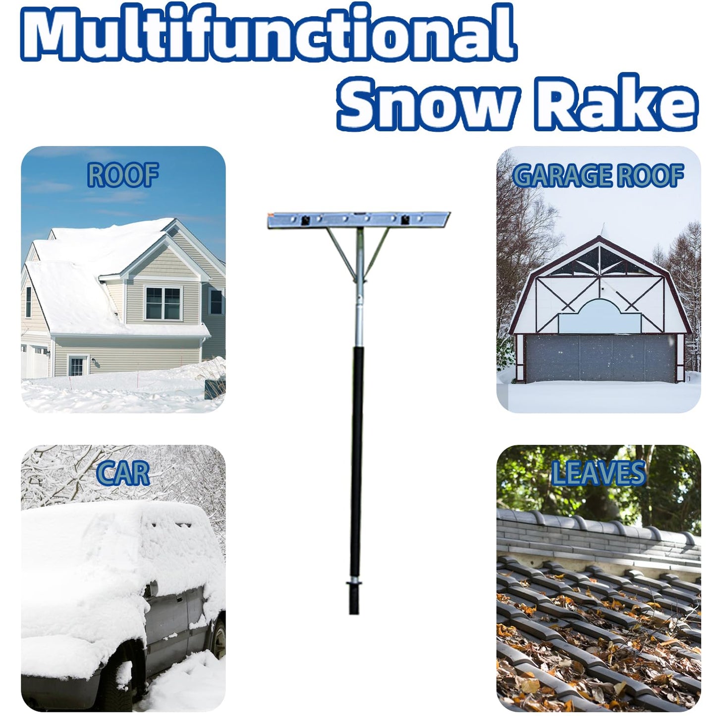 ROOLLYA Thicken Snow Roof Rake with Wheels, 4.79' - 19.98' Extendable Aluminum Snow Rake for House Roof, Anti-Slip Roof Rake Snow Removal Tool with 26" Blade & 5-Section Tubes