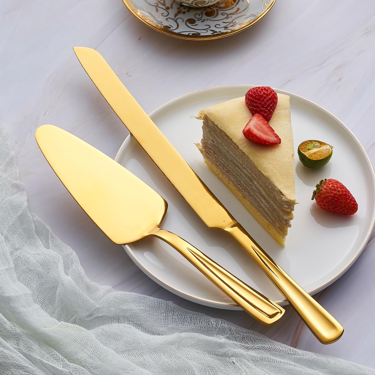 GoGeiLi Gold Cake Knife and Server Set, 13-inch Stainless Steel Cake Cutting Set, Elegant Cake Cutter Set for Wedding, Birthday, Parties, Anniversary