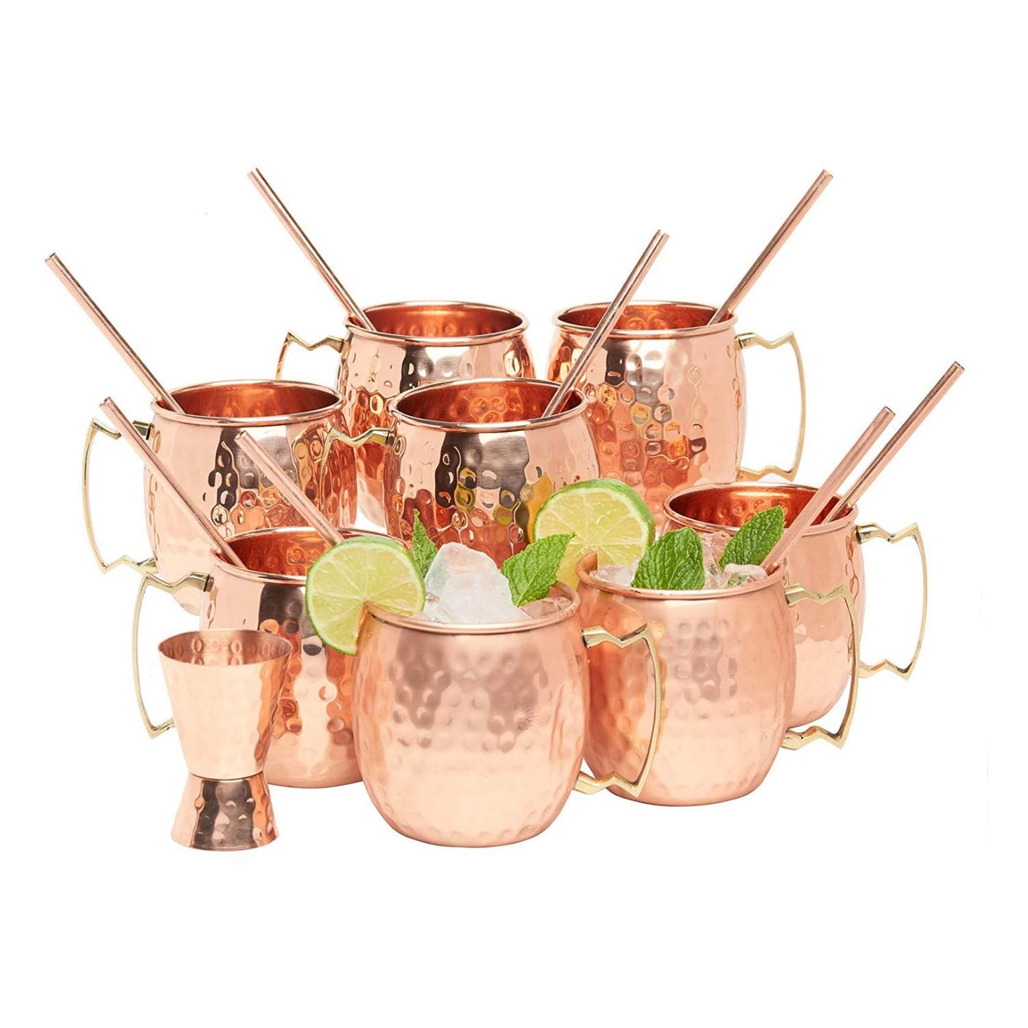 Kitchen Science [Gift Set] Moscow Mule Copper Mugs Set of 8 (16oz) w/Straws & Jigger | 100% Pure Copper Cups, Tarnish-Resistant Food Grade Lacquered Finish, Ergonomic Handle (No Rivet) w/Solid Grip