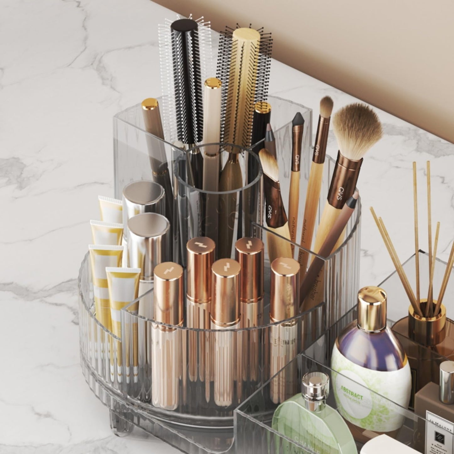 Rotating makeup organizer,Large Capacity Cosmetic Display Case, easy to hold all of your makeup products, at least 20 makeup brushes/eyeliner,10 lipsticks,8 skincare products(Crystal Amber)