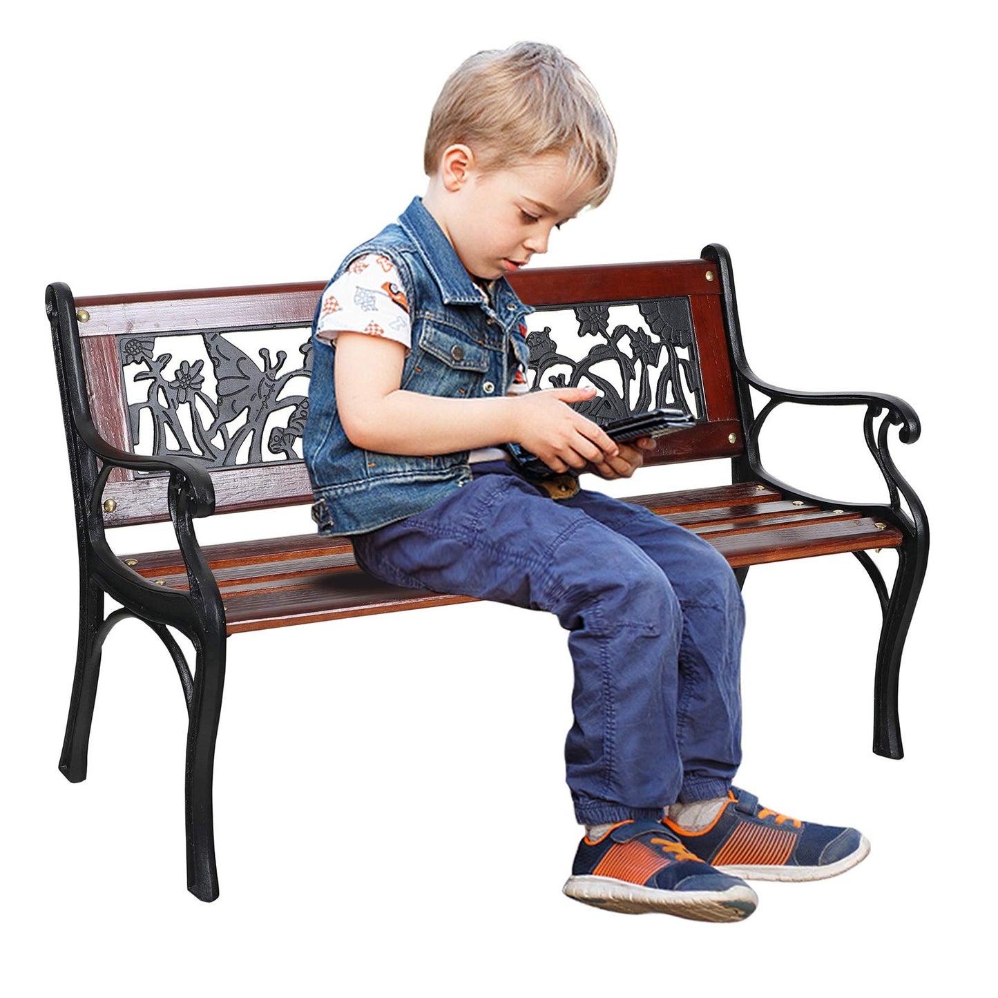 Sophia & William Outdoor Kids Bench Patio Mini Sized Garden Bench with Wooden Seat and Cast Iron Backrest for Porch, Lawn, Backyard and Indoor