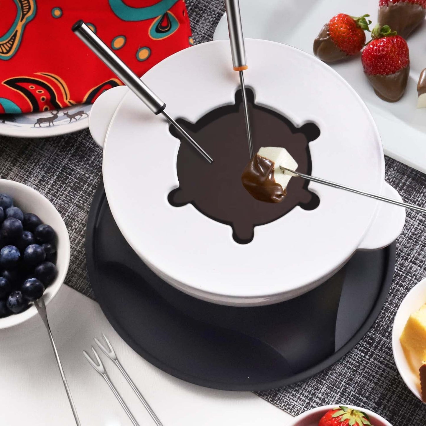 Artestia 11-Piece Cast Iron Fondue Set with Adjustable Burner 6 Colored Forks, 5-Cup White Cheese Fondue Pot for Chocolate, Meat, 4-6 Person