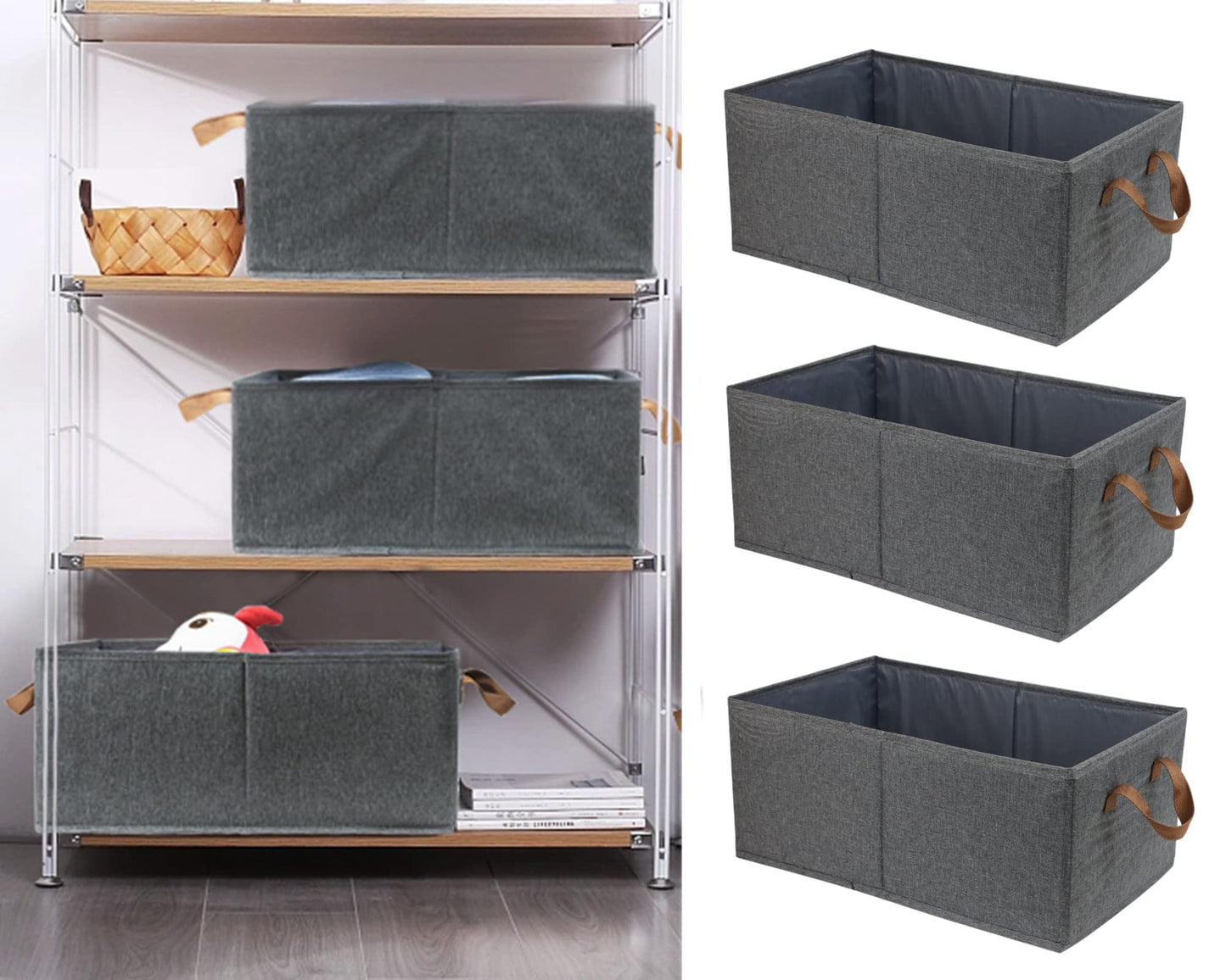 Pack of 3 Large Capacity Storage Bins Closet Organizer System, Sturdy Foldable Storage Boxes for Organizing Clothing, Sheets, Toys, Books - Shelf Organizer Shelves Basket Storage Bin