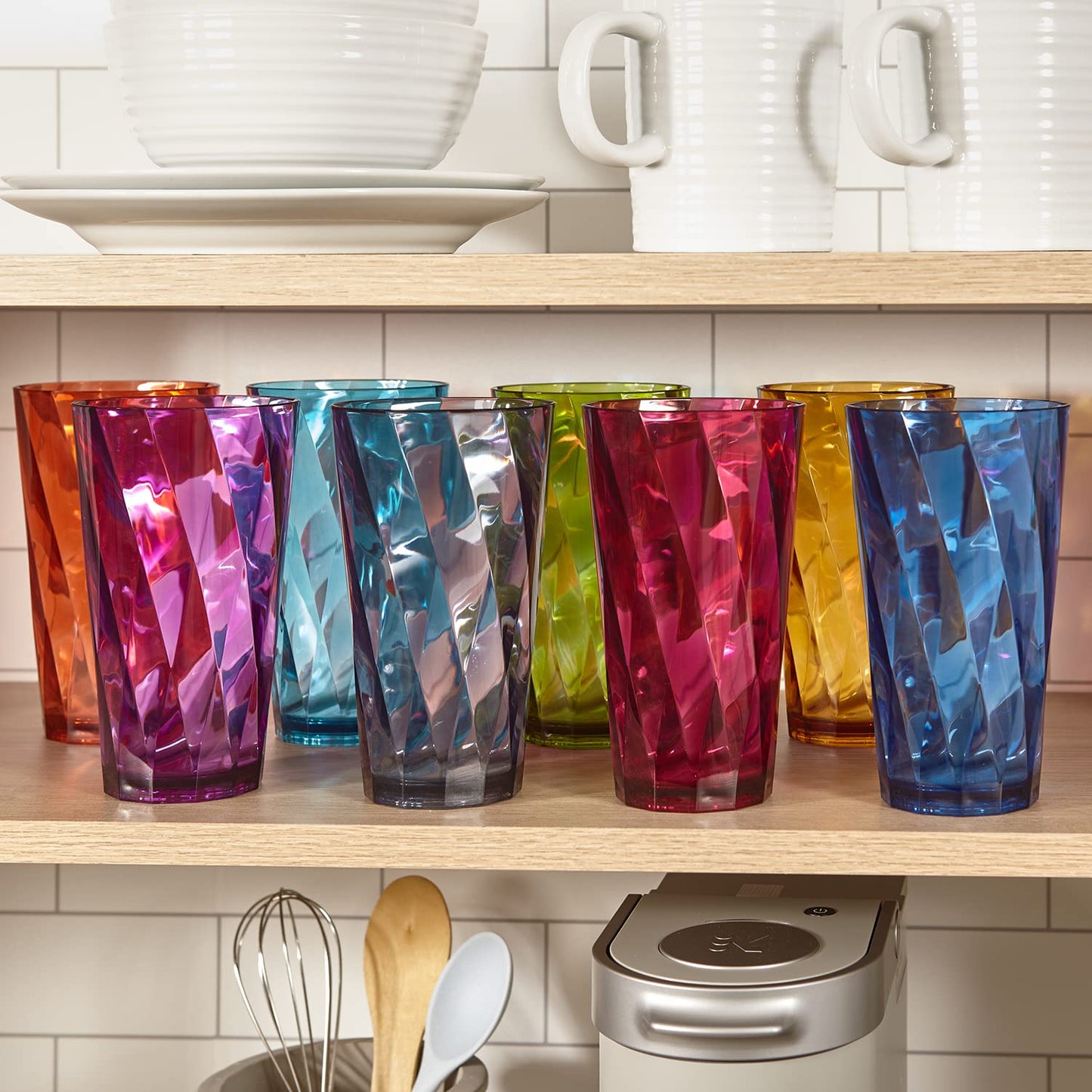 US Acrylic Optix Plastic Reusable Drinking Glasses (Set of 8) 20oz Water Cups in Jewel Tone Colors | BPA-Free Tumblers, Made in USA | Top-Rack Dishwasher Safe