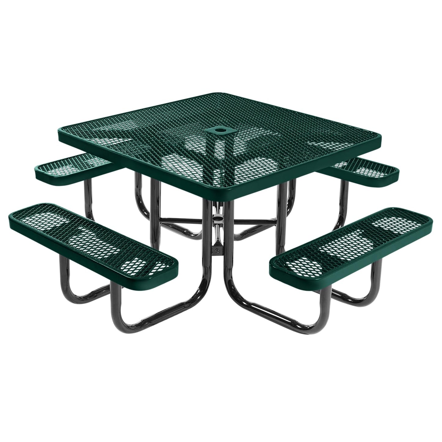 Coated Outdoor Furniture Heavy-Duty Portable Outdoor Picnic Table with Umbrella Hole, Expanded Metal Commercial-Grade Patio Dining Furniture Made in America (46" Square Top, Dark Green)