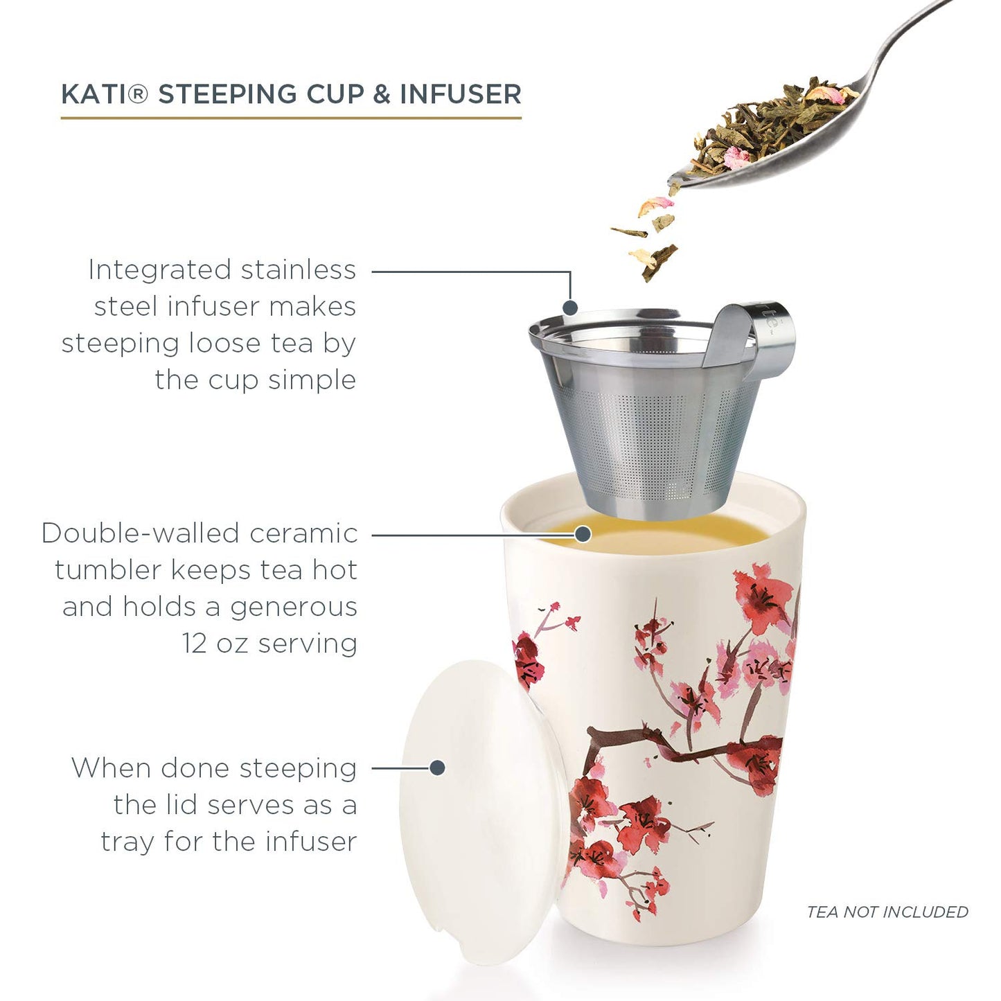 Tea Forte Cherry Blossom Kati Cup Double-Walled Ceramic Tea Cup with Removable Stainless Steel Infuser Basket and Lid, Steeps 12 oz Loose Leaf Tea, Lid and Cup Dishwasher & Microwave Safe