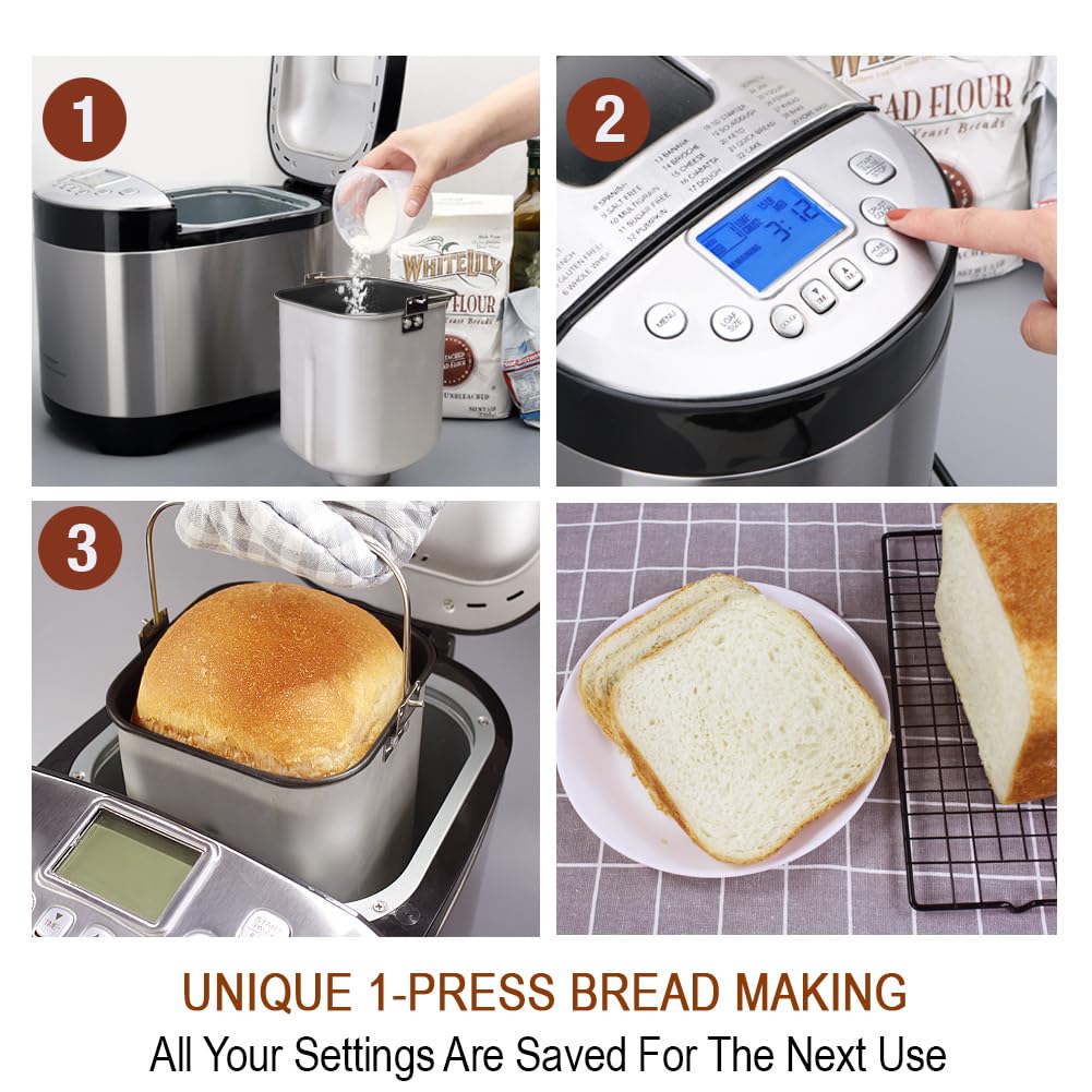 KITCHENARM 29-in-1 SMART Bread Machine with Gluten Free Setting 2LB 1.5LB 1LB Bread Maker Machine with Homemade Cycle - Stainless Steel Breadmaker with Recipes Whole Wheat Bread Making Machine