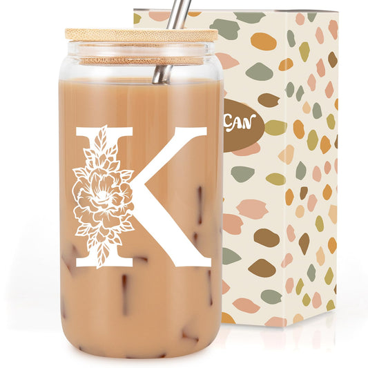 Coolife Initial Glass Cup, Monogrammed Gifts for Women, 16 oz Glass Cups w/Lids Straws, Iced Coffee, Smoothie Beer Glass Tumbler w/Straw Lid, Personalized Christmas, Birthday Gifts for Her Mom Friend